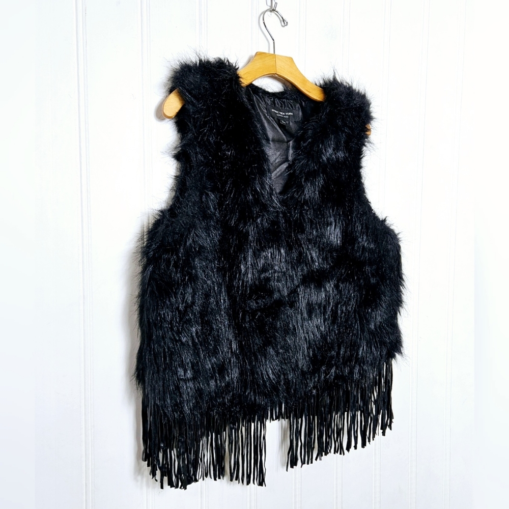 Marc New York Andrew Marc Faux Fur Vest Size L Fringe Boho Western Black Jackets